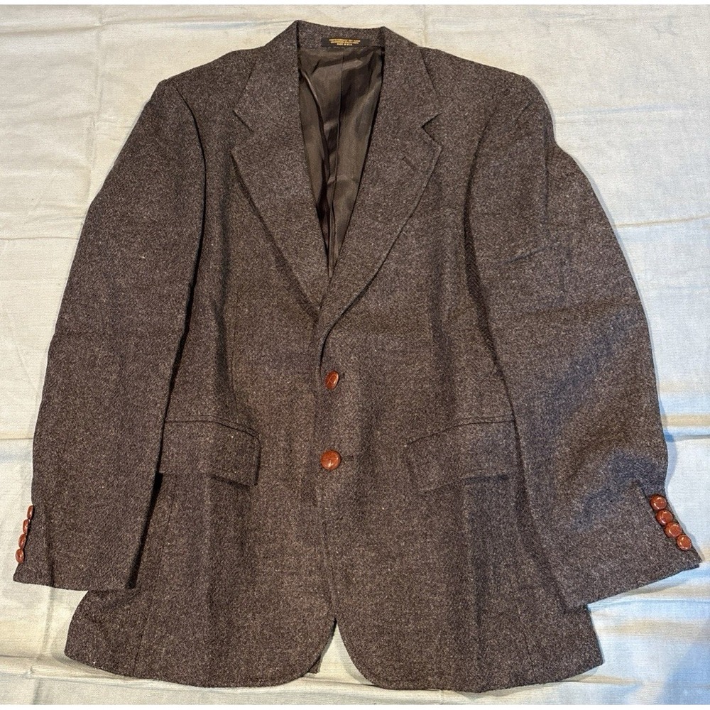 Austin Hill Mens Brown Wool Tweed Blazer Sport Coat Leather Buttons Made in USA